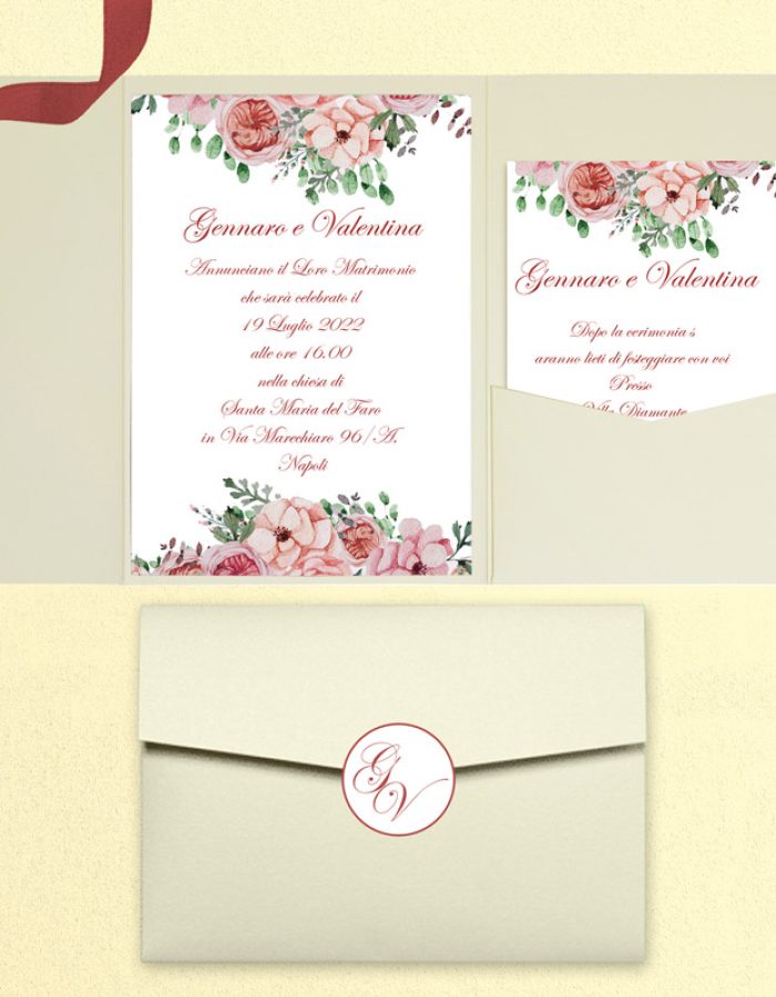 Partecipazione Cofanetto Pocket Fold fiori rosa